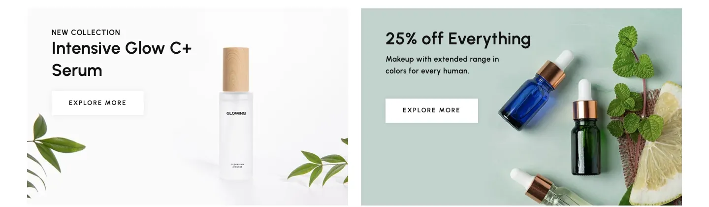Promotional banners for a new serum collection and a storewide offer