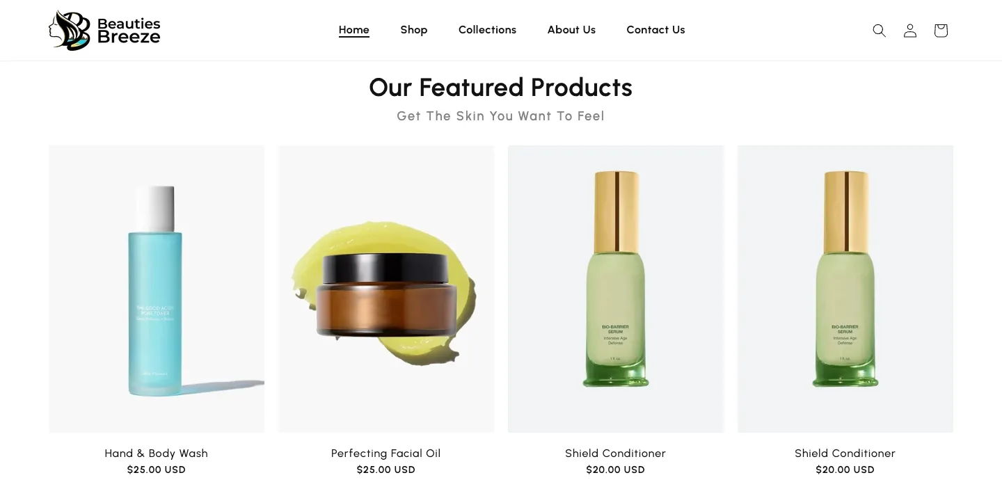 Beauties Breeze Shopify store header with custom logo and featured skincare products